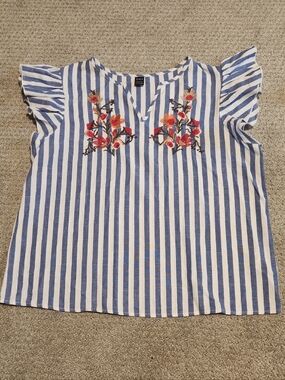 Blue and White Striped Embroidered Flutter Sleeve Blouse